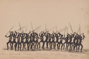 Kwatkwat - Schwarze Menschen aus New South Wales üben den Kampf, bevor sie in den Krieg ziehen - Skizzenbuch über Aktivitäten der Aborigines